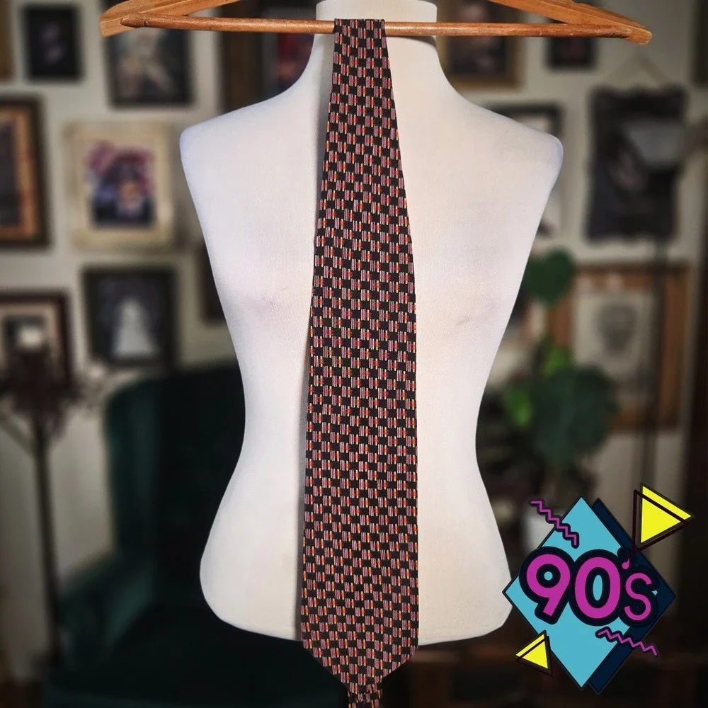Structure Silk Necktie Vintage 90s Geometric Abstract‎ Black Red Yellow USA Made